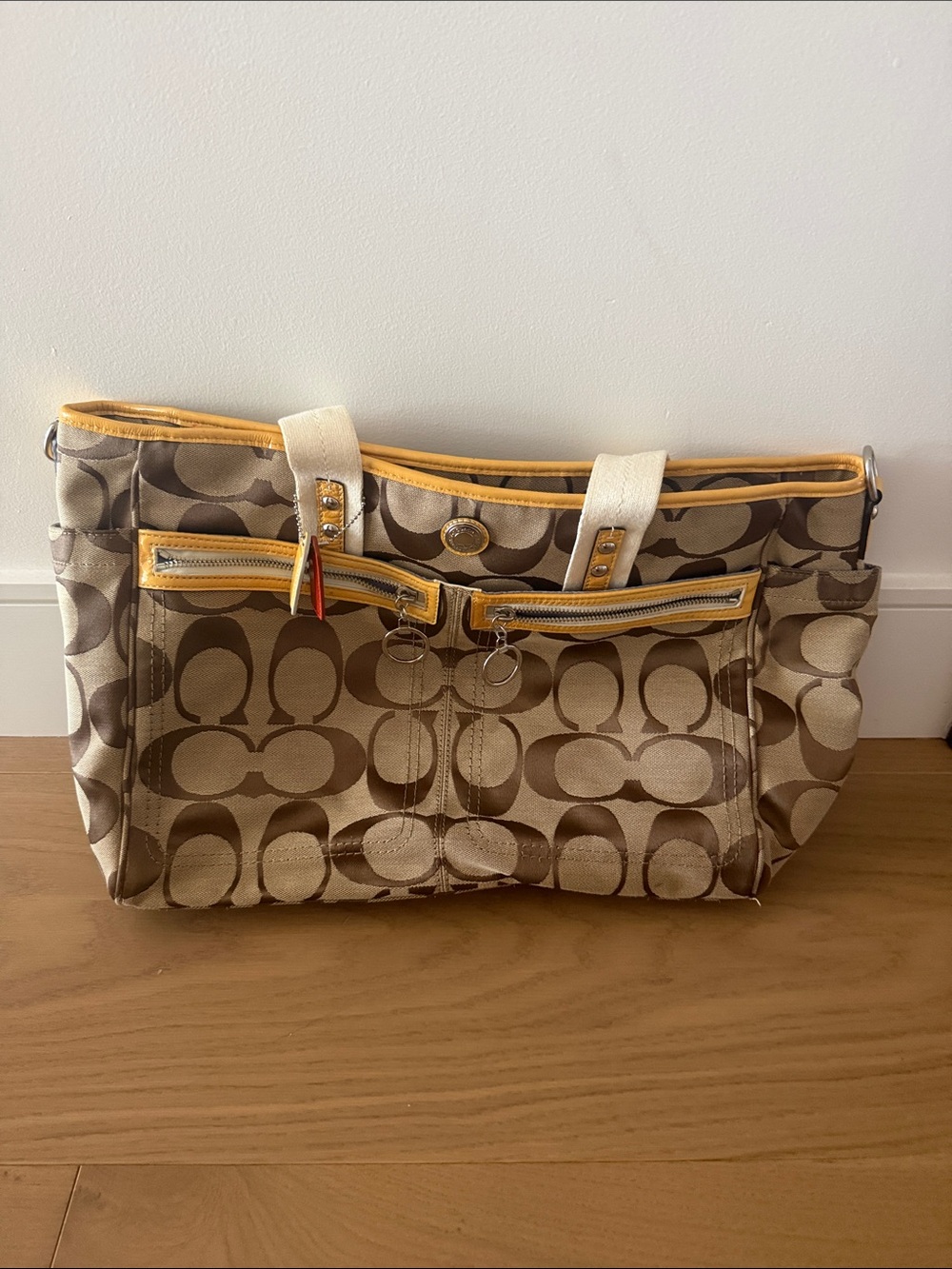 vintage Coach Beige Signature Canvas Tote with Yellow Trim